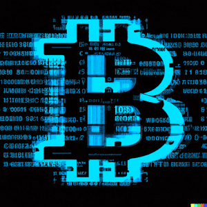 DALL·E 2023-07-12 21.31.36 - Create an image of Bitcoin within the Blockchain codes using blue color